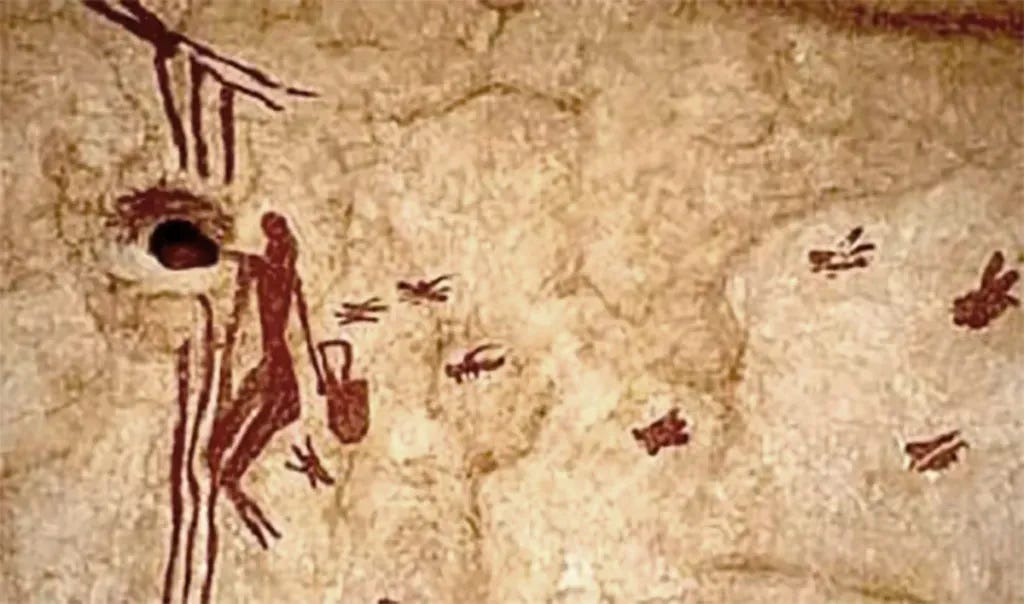Cuevas de la Araña -  human figure climbing ropes toward a wild bees.jpg